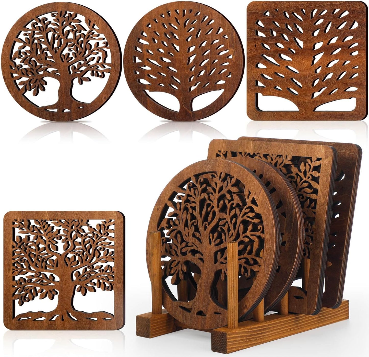 5 Pcs Life Tree Wooden Trivets with Storage Rack Hot Pads Trivets for Hot Dishes Pots and Pans Heat Resistant Mat Set Tea Pot Holders for Kitchen Dining Table(Dark Wood)