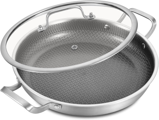 LOLYKITCH 12 In Nonstick Frying Paella Pan with Side Handles & Lid, Ceramic Coating, Tri-ply Stainless Steel, Induction Compatible, PFOA-free, Oven Safe to 600°F, Dishwasher-safe