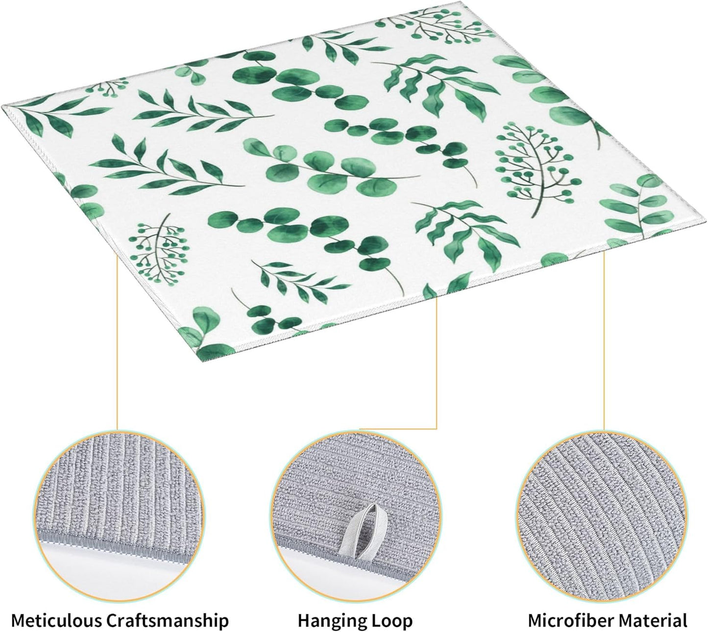 Watercolor Plant Green Leaves Dish Drying Mat for Kitchen Counter, 16"x18" Microfiber Absorbent Fast Dry Mat, 2Pcs Dish Mat Faucet Mats Sets, Large Drying Kitchen Mat Kitchen Drying Pad