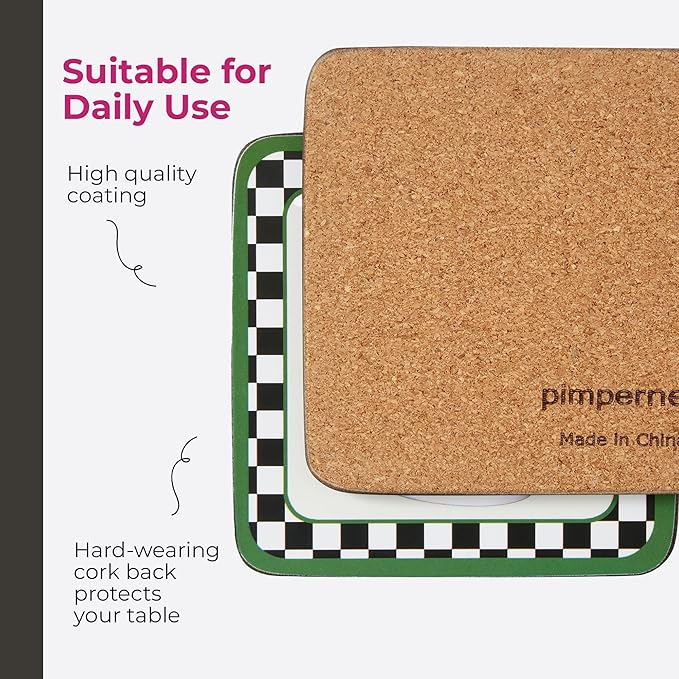 Pimpernel Black & White Collection Coasters, Set of 6 – 4-Inch Square Cork-Backed Drink Mats with Lacquered Finish, Heat & Stain Resistant Dining Table, Tabletop & Furniture Protection