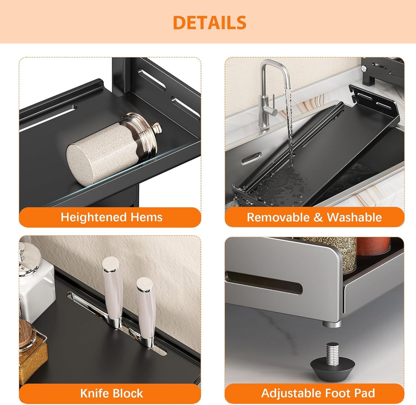 Spice Rack Organizer for Countertop, 2-Tier Height-Adjustable Spice Rack Organizer, Metal Standing Kitchen Counter Organizer with Guardrail & Knife Block for Kitchen Cabinet