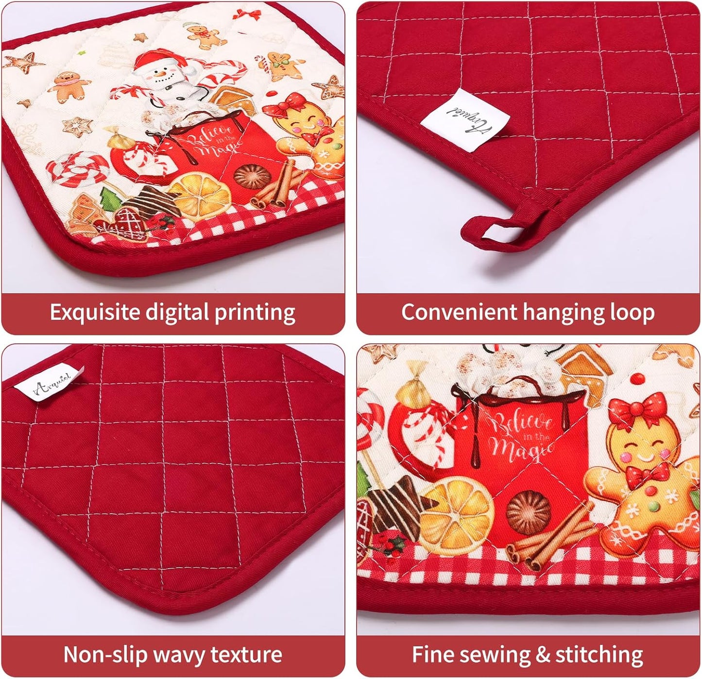 Christmas Gingerbread Oven Mitts and Pot Holders Sets 2Pcs, 100% Cotton Heat Resistant, Extra Long Oven Gloves Potholder for Kitchen Cooking Baking Decoration