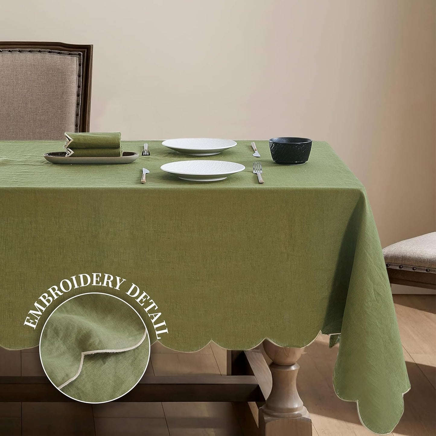 100% French Flax Linen Tablecloths Scalloped Embroidery Rectangle 120Lx60W Inch for Dinners, Parties, Spring, Machine Washable, 10-12 Sets, Olive Green(Edges-Gold)