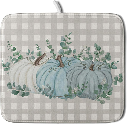 Fall Dish Drying Mats for Kitchen Counter 16×18 Inch Blue White Pumpkin Thanksgiving Harvest Festival Small Microfiber Drying Mat Kitchen Accessories Dish Rack Mat Drainer Pad Washable Absorbent
