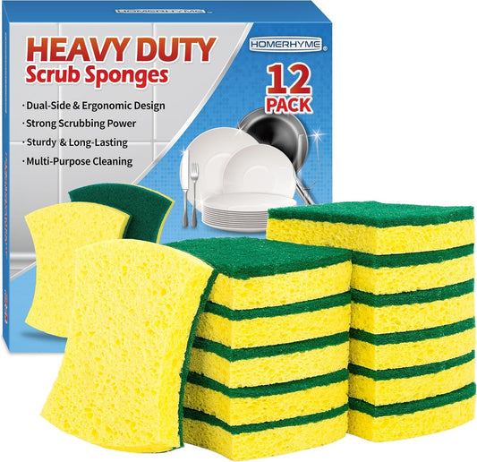 HOMERHYME Heavy Duty Sponges, 12 Pack Cellulose Scrub Sponge, Dual-Sided Kitchen Sponge, Multipurpose Sturdy Ergonomic Design for Kitchen Dishwashing, Uncoated Cookware, Sink, and Countertops