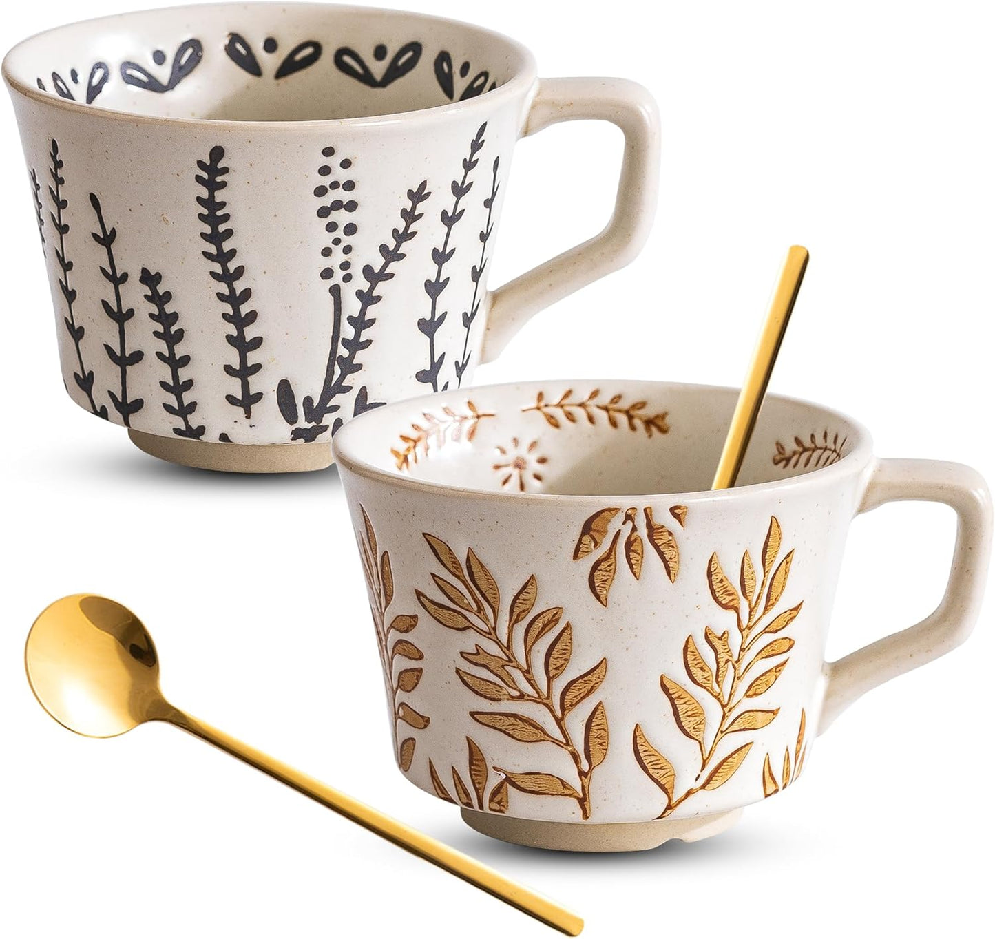 Coffee Mugs, Coffee Cup Set of 2, Ceramic Mug Set 11 oz and Spoons for Home & Kitchen, Embossment Leave Novel Cups for Coffee Tea Cocoa Milk Latte, Microwave Dishwasher Safe