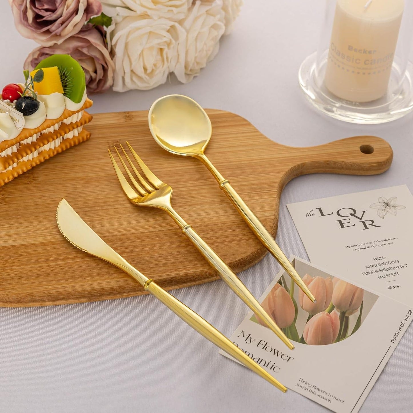 N9R 90PCS Gold Plastic Silverware, Gold Disposable Utensils, Gold Silverware Disposable, Disposable Cutlery includes: 30 Knives, 30 Forks, and 30 Spoons for Party, Birthday, Wedding