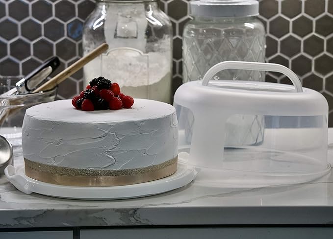 Top Shelf Elements Round Cake Carrier Two Sided Cake Holder Serves as Five Section Serving Tray, Portable Cake Stand Fits 10 inch Cake, Cake Box Comes With Handle, Cake Container Holds Pies (White)