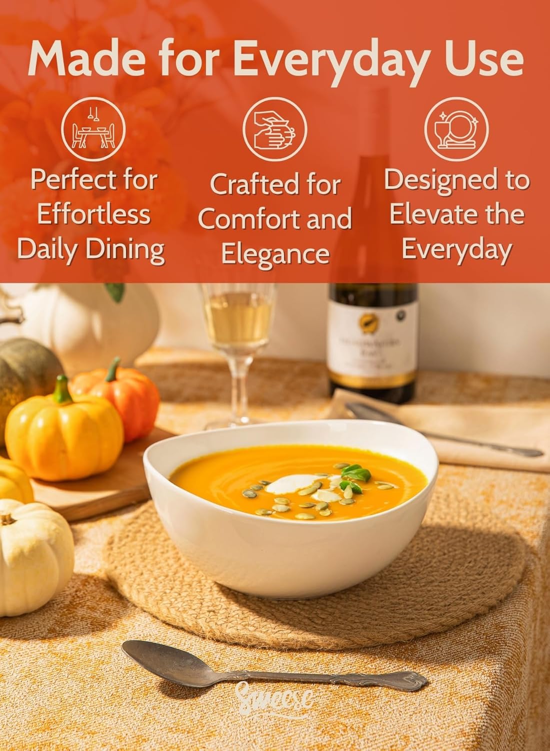 Sweese 42oz Porcelain Serving Bowls - Set of 4, 8-Inch White Bowls for Salad, Soup, Pasta & More - Microwave, Dishwasher & Oven Safe