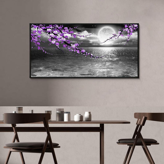 yiijeah Purple Wall Decor - Large Paintings for Living Room Plum Blossom Moon Ocean Canvas Picture Framed Artwork Black and White Seascape Wall Art Home Bedroom Decoration