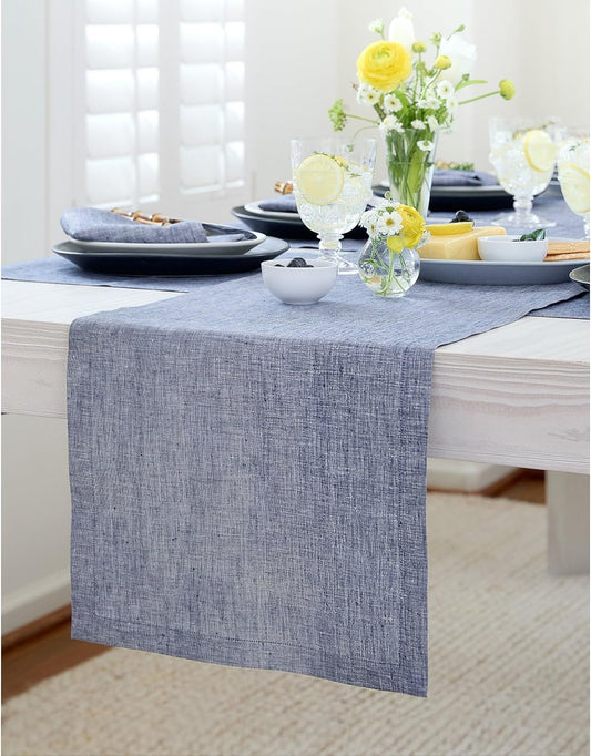 Solino Home Linen Chambray Indigo Table Runner 120 Inches Long - Athena, 100% Pure Linen 14 x 120 Inch Table Runner for Christmas