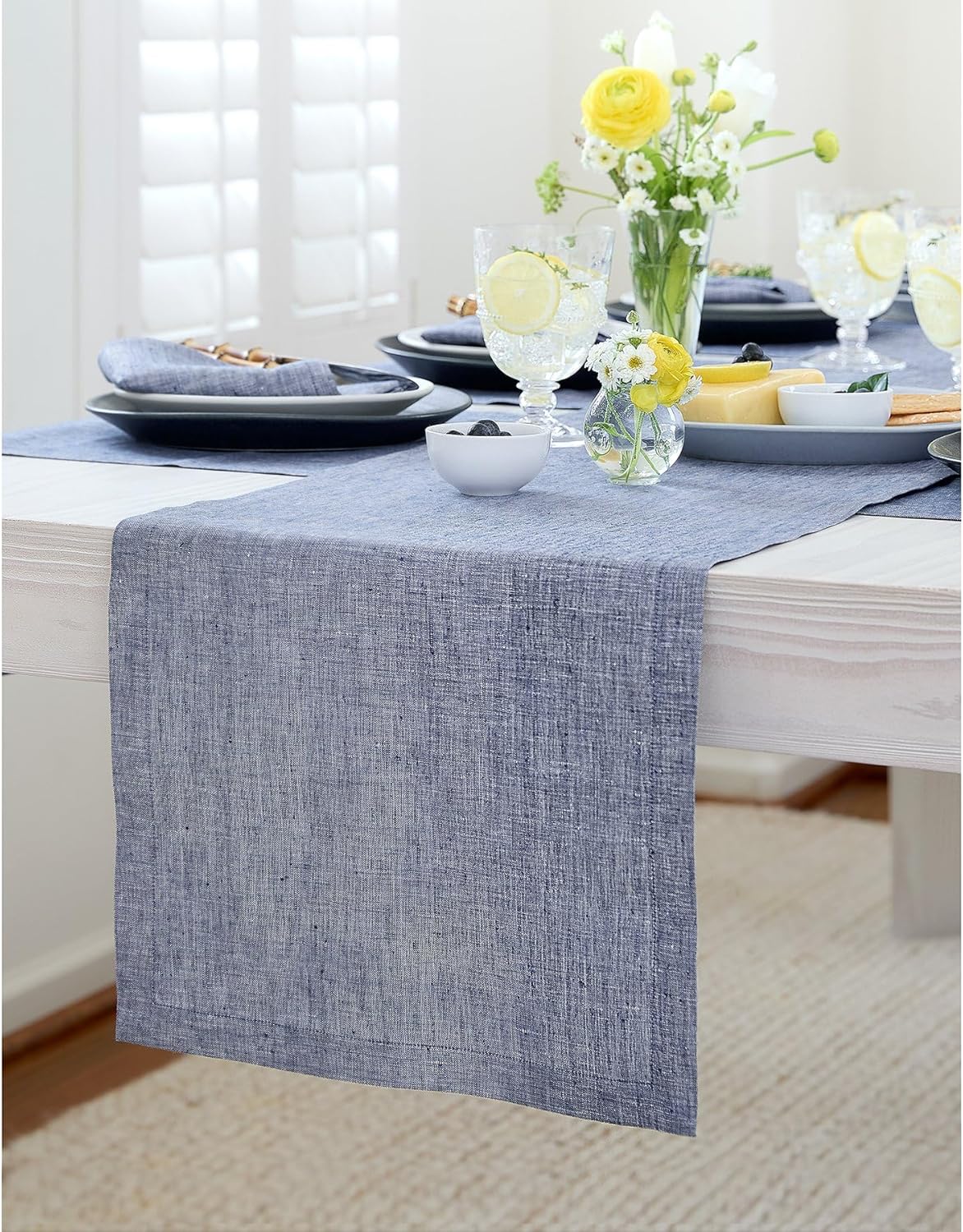 Solino Home Linen Small Table Runner 48 Inches - Athena, 100% Pure Linen Chambray Indigo Table Runner 14 x 48 Inch Ideal for Dresser and Coffee Tables - Christmas, Holiday
