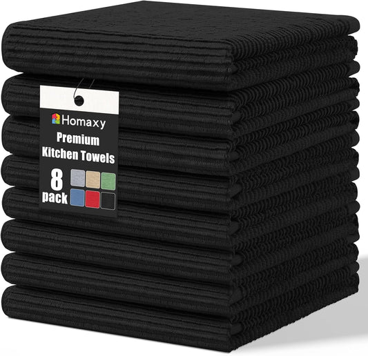 Homaxy Premium Kitchen Towels (18"x 28", 8 Pack), Large 100% Cotton Kitchen Hand Towels, Ultra Absorbent Ribbed Terry Tea Towels Set with Hanging Loop, Black