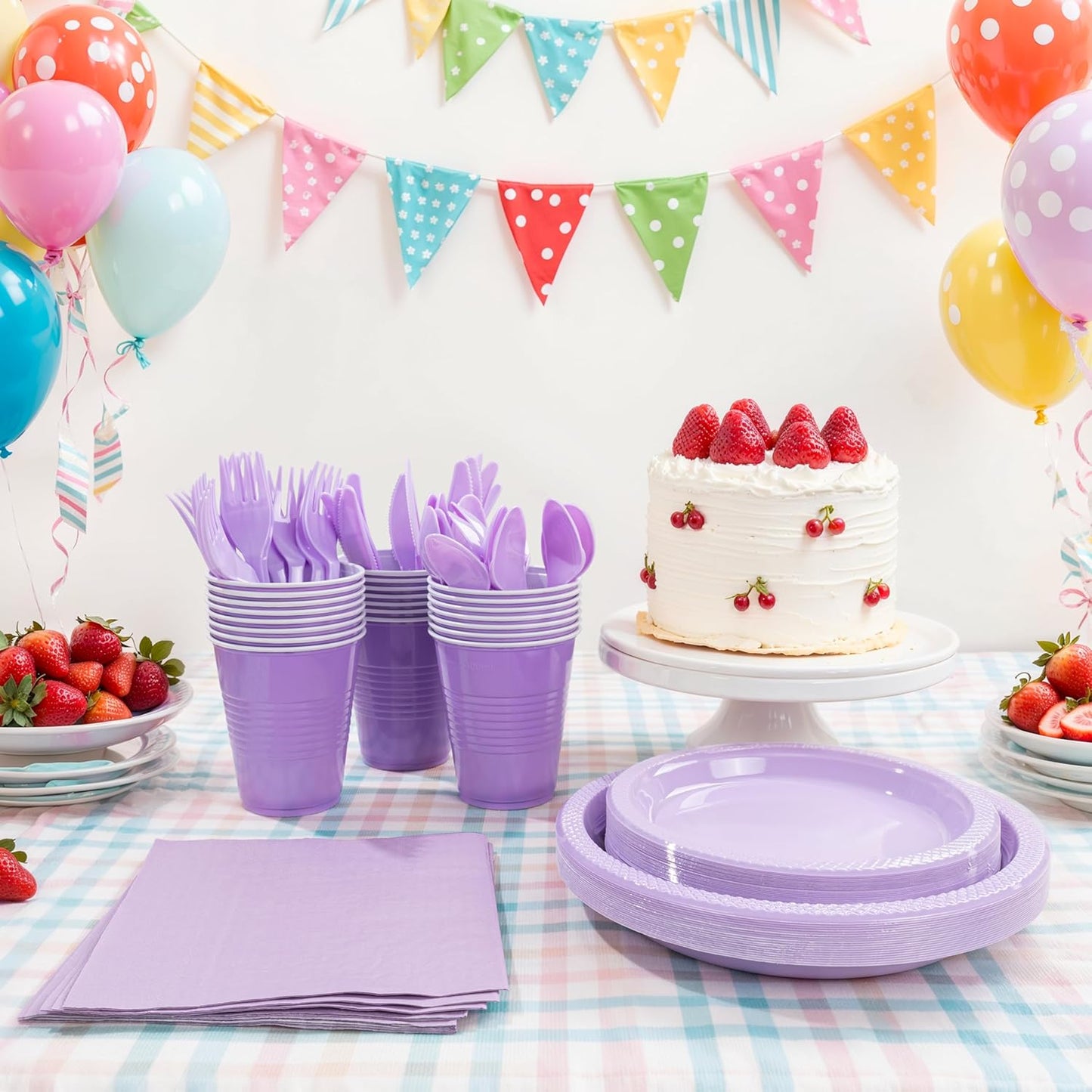 MirthMood 350PCS Lavender Plastic Plates,Lavender Disposable Plates Set – Plastic Plates Set Includes 50 Dinner,50 Dessert Plate,50 Cup&50 Napkins, 50 Lavende Silverware for Wedding & Birthday Parties