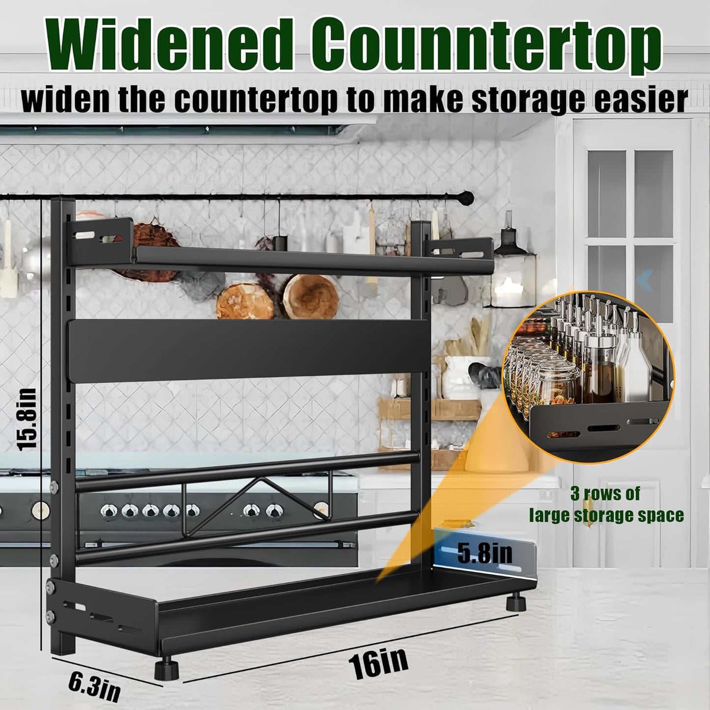 Spice Organization for Cabinet | 2 Tier Standing Height-Adjustable Spice Rack | Large Metal Rust-Proof Seasoning Organizer | Kitchen Storage Organization Shelf for Pantry Bathroom (2-40CM Black)