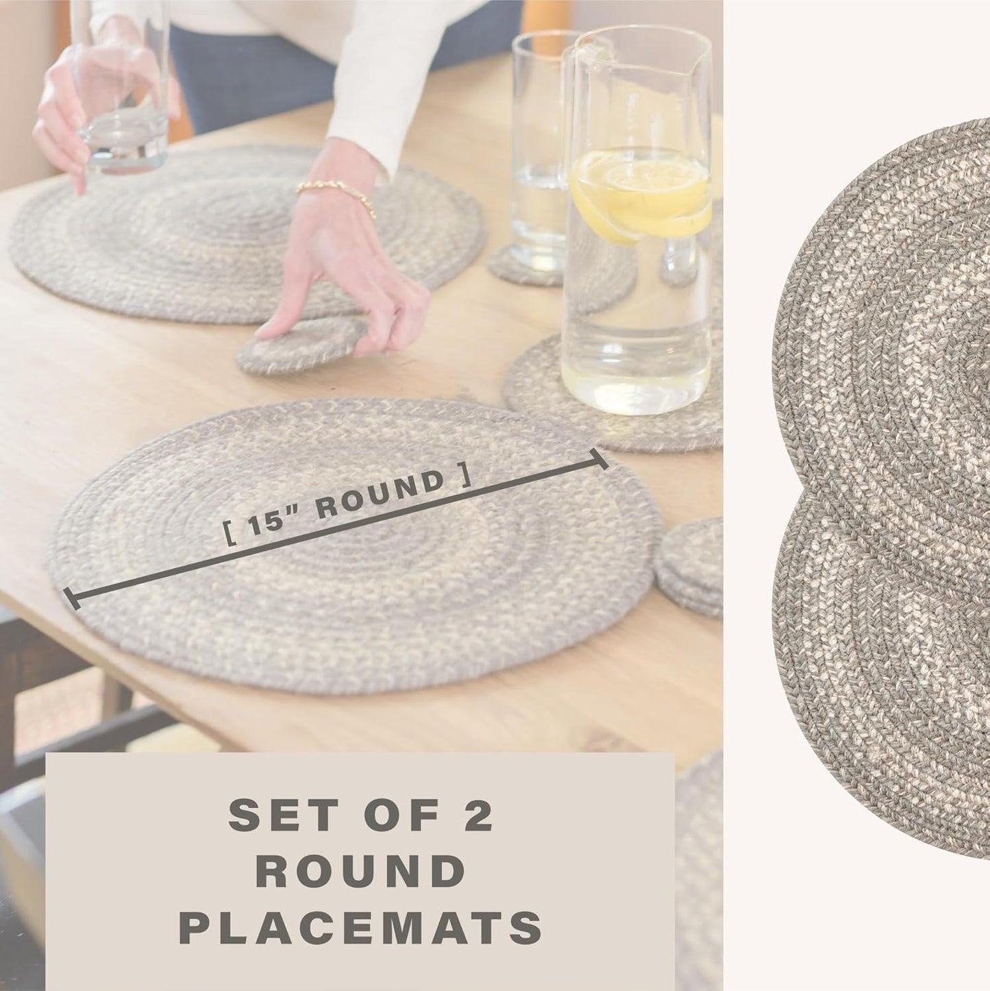 Grey Cloud Round Braided Placemats, Warm Farmhouse Decor, Set of 2, 15", Grey Jute Table Mats - Vibrant Colors, Durable, Easy to Clean and Protects Furniture