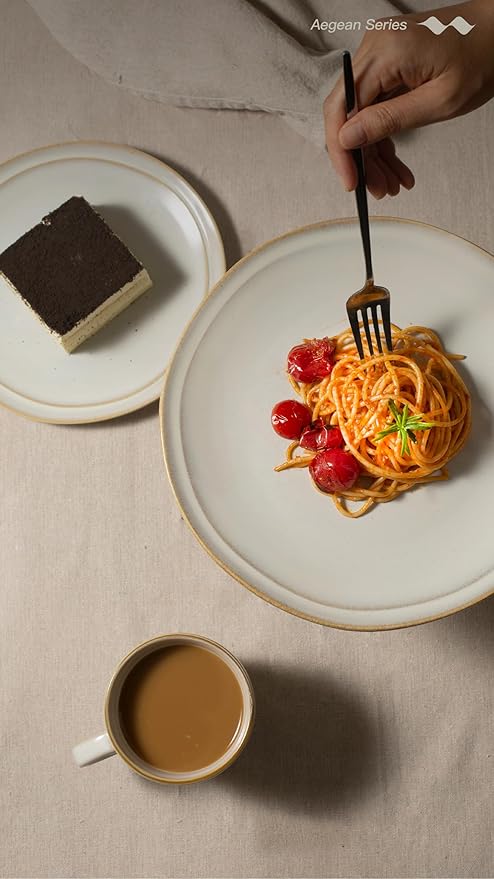 Famiware Aegean Stoneware Dinnerware Set for 4, Plates and Bowls Sets, 12-Piece Scratch-Resistant Dinner Plate Set, Handmade Irregular Round Dishes - Microwave and Dishwasher Safe, Cappuccino White