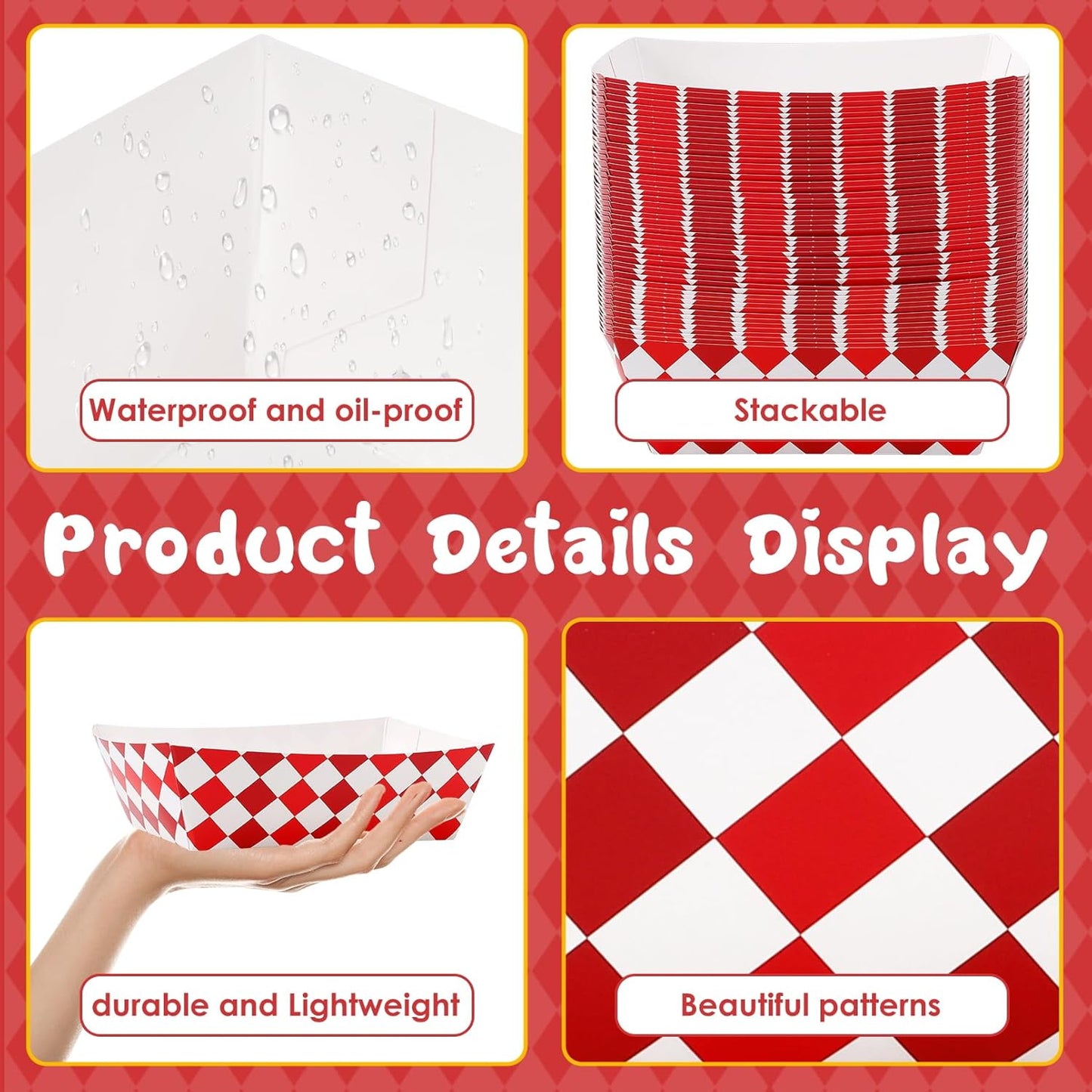 Blcculi 100 Pack Gingham Paper Food Trays,Disposable Paper Food Boat,Gingham Party Supplies,Snack Serving Trays for Nacho,French Fries,Popcorn,Hot Dog (Red + White)