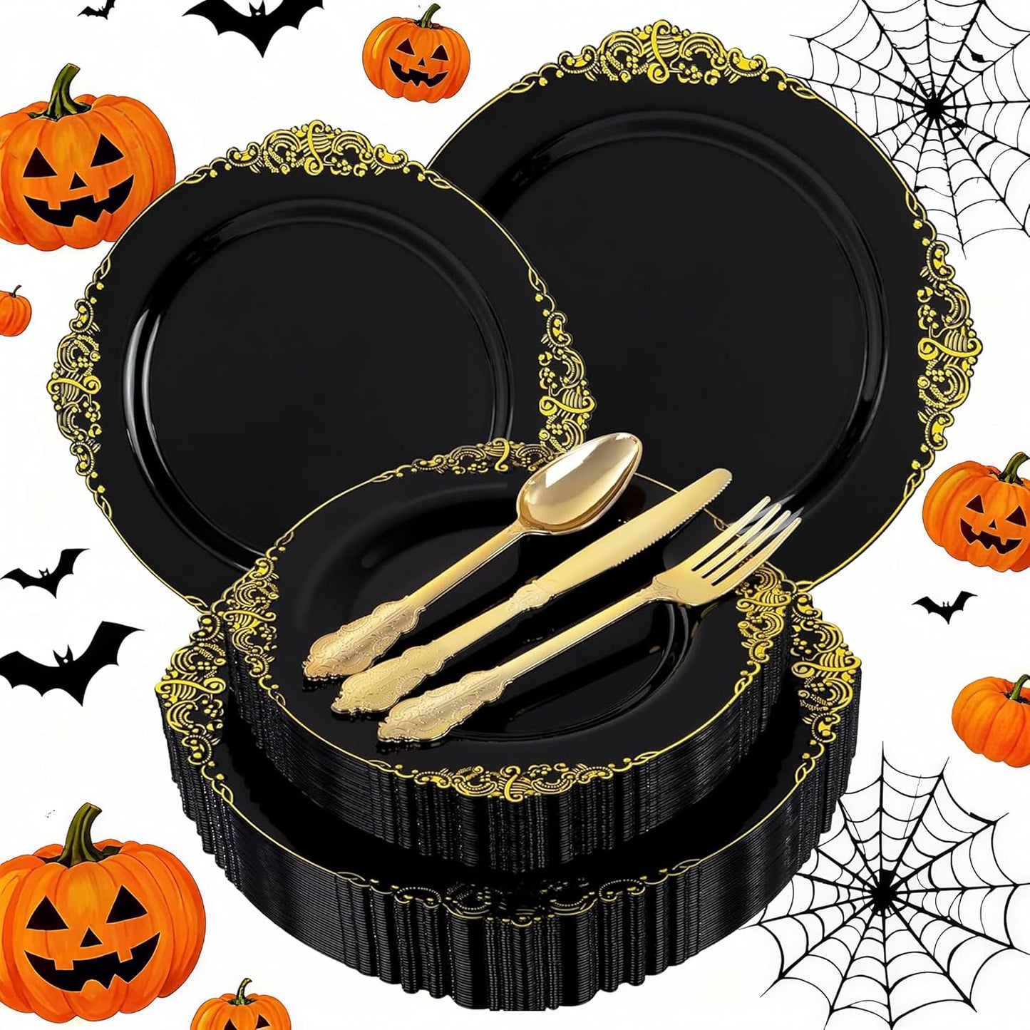 125PCS Black and Gold Plastic Plates - Black Disposable Dinnerware Set - Vintage Plastic Plates with Gold Silverware for 25 Guests for Wedding Party Halloween