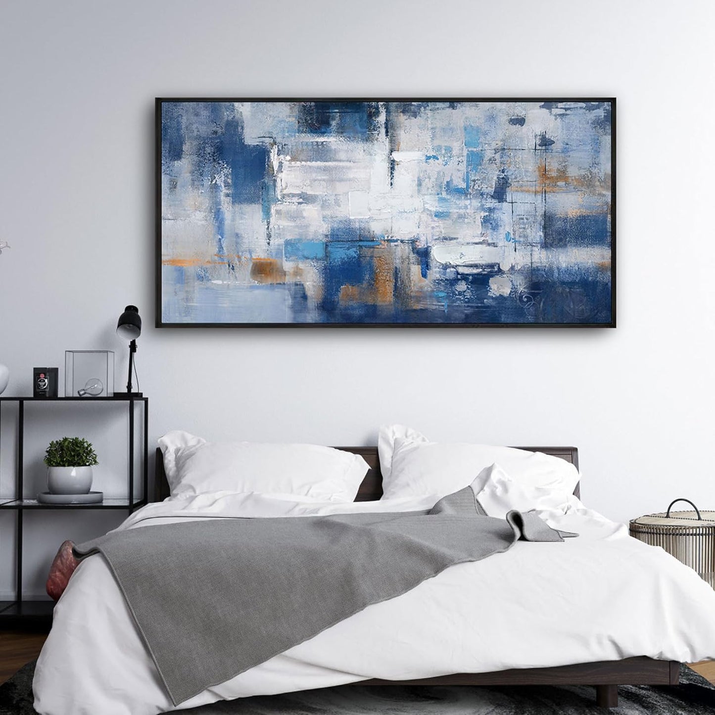 KLAKLA Navy Blue Abstract Canvas Wall Art - Black Frame Artwork Picture Living Room Wall Decor Modern Paintings Large Wall Art for Bedroom Home Decoration