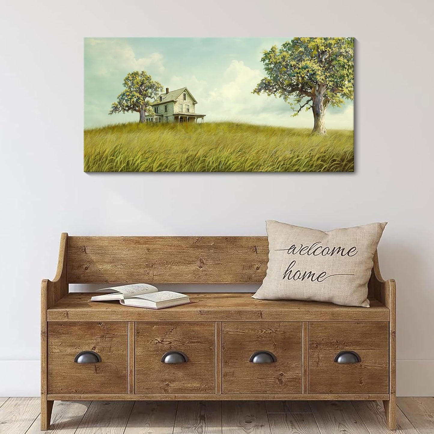 YCPRIMER Canvas Wall Art - Village Landscape Decor Retro Farmhouse Picture Yellow Tree Grassland Painting Artwork for Dinning Room,Living Room,Kitchen Decoration Size 24×48Inch