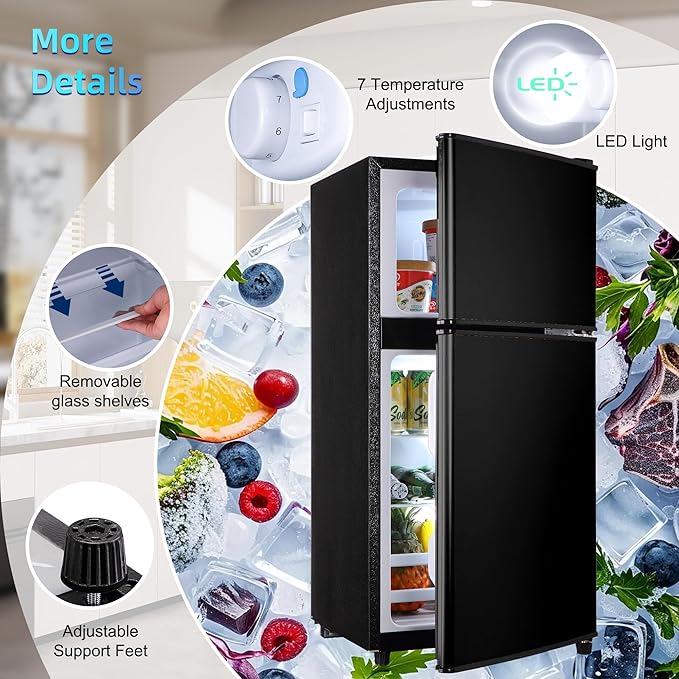 3.2 Cu. Ft. Mini Fridge with Freezer, Compact Refrigerator with Adjustable 7-Level Thermostat, Dorm Fridge for Kichen, RV, Office, Apartment, Black