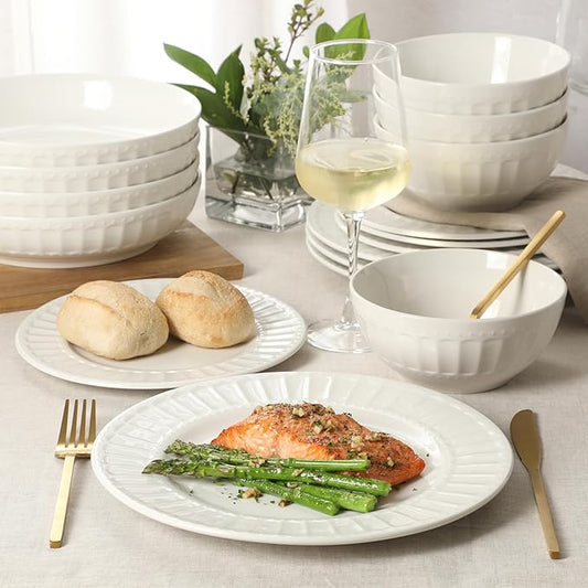 Gibson Home Melbourne White Plates and Bowls Set, 16 Piece Embossed Ceramic Dinnerware Set - Service for 4 Dishes - With Pasta Bowl