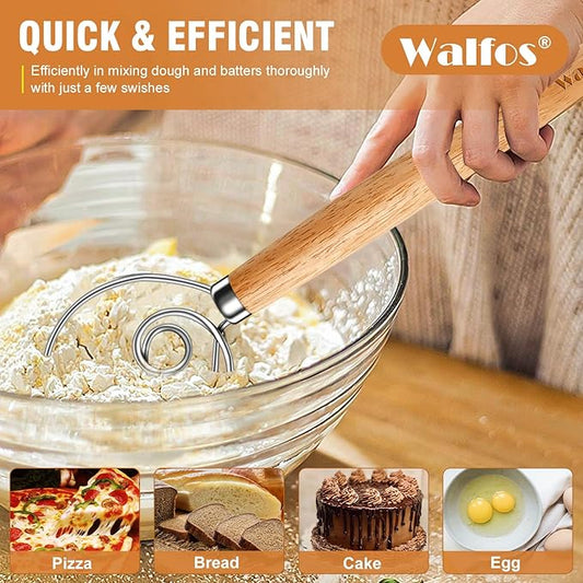Walfos Wood Danish Dough Whisk Set 2pcs Wooden Danish Sourdough Bread Dough Whisks with Stainless Steel Ring, Kitchen Hand Bread Mixer Dough Whisking Tools for Sourdough, Cake, Pizza, Pastry