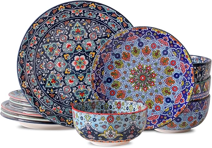 glowworm Bohemian Dinnerware Sets, Ceramic Dishes Set for 4, 12 Pieces Plates and Bowls Set, Oven, Microwave & Dishwasher Safe, Scratch Resistant