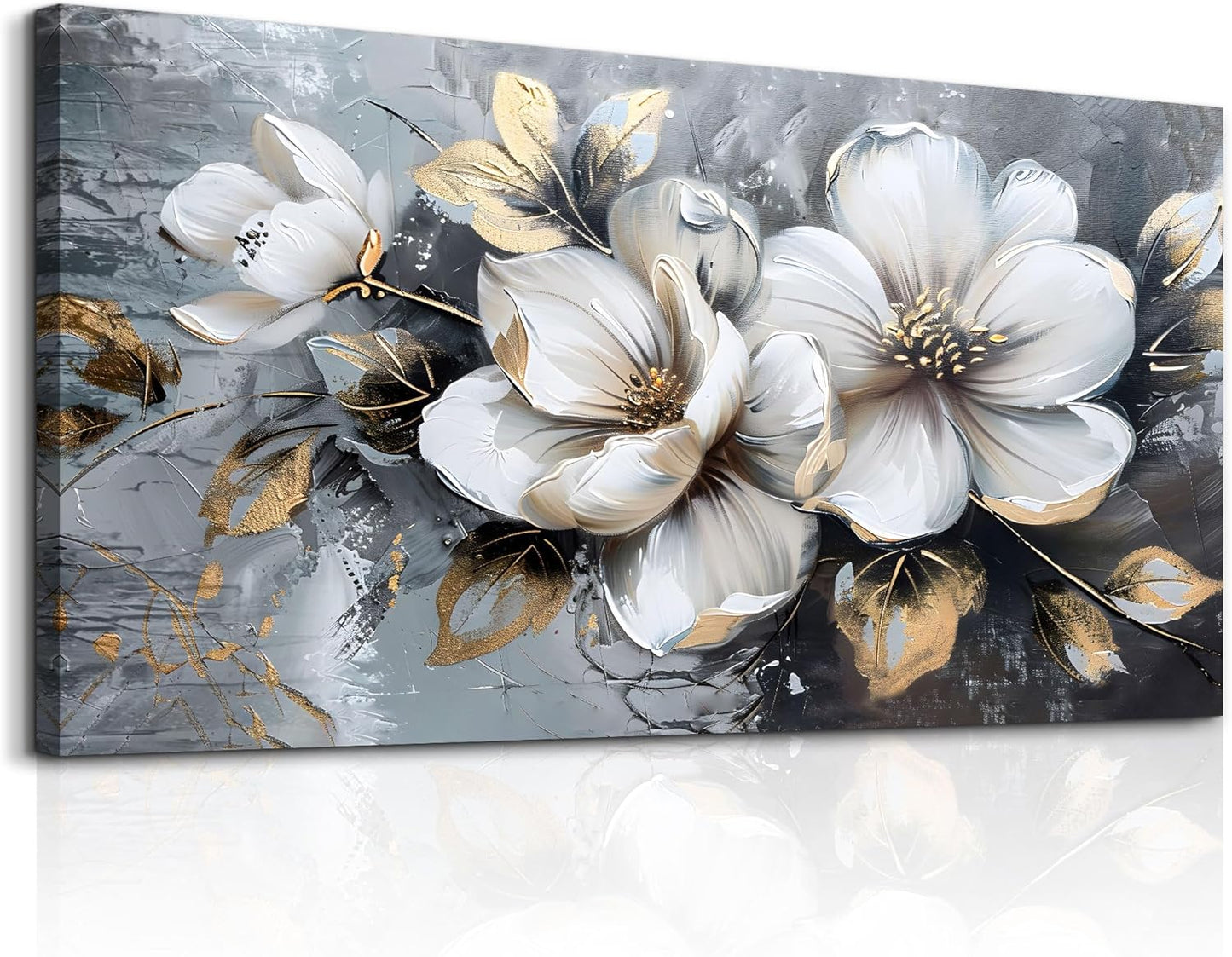 KELIYUAN Large Canvas Wall Art For Bedroom Wall Decor For Living Room Office Decorations Abstract White Flowers Paintings Pictures Artwork Modern Framed Posters Home Decor Ready To Hang 24"x48"