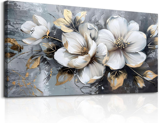 KELIYUAN Large Canvas Wall Art For Bedroom Wall Decor For Living Room Office Decorations Abstract White Flowers Paintings Pictures Artwork Modern Framed Posters Home Decor Ready To Hang 24"x48"