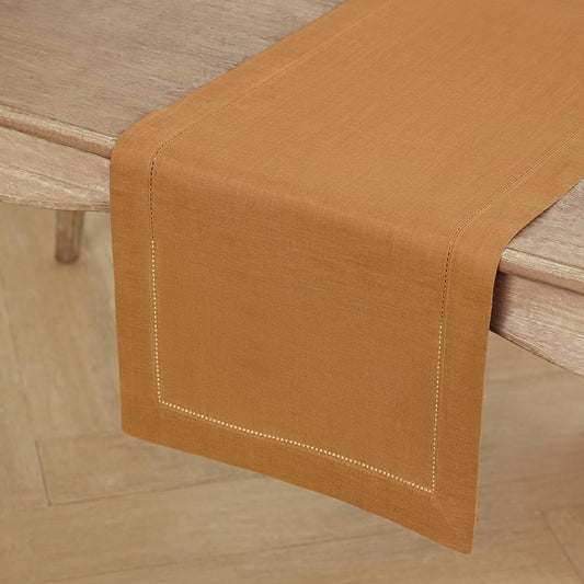 Solino Home Linen Brown Sugar Table Runner 90 Inches Long - 100% Pure Linen 14 x 90 Inch Table Runner for Fall, Autumn, Thanksgiving - Classic Hemstitch