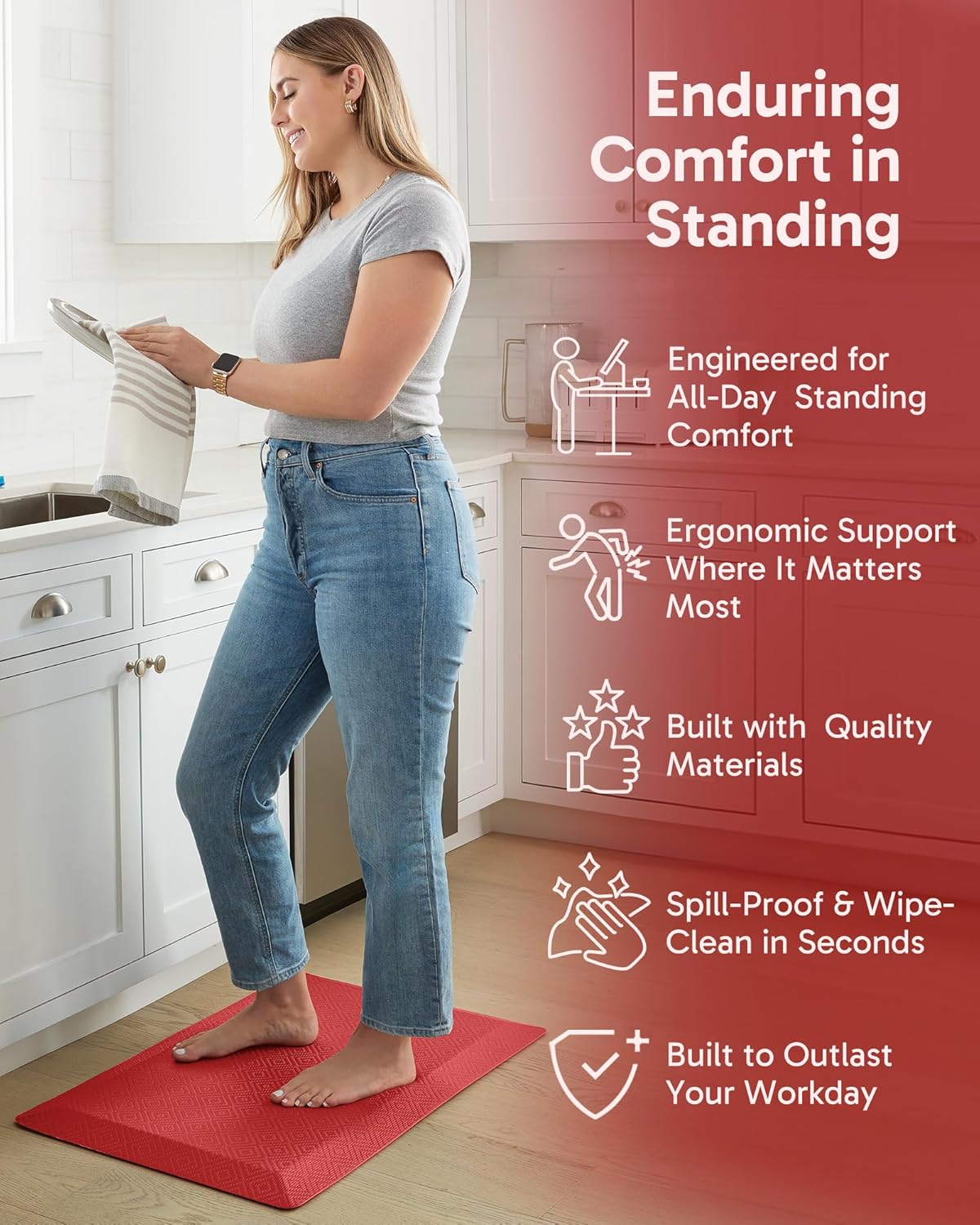 Ophanie Kitchen mats for Floor, 3/4 inch Thick, Kitchen Rugs, 20''x39'' Anti Fatigue Standing Cushioned Mat, Waterproof,Comfort Ergonomic mat for Office, Home, Sink, Red Non-Slip Bottom