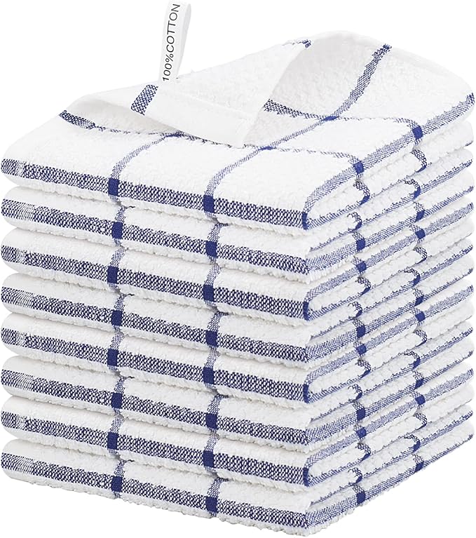 Nialnant Cotton Terry Kitchen Towels,12 x 12 Inches Dish Cloths Set of 8,Super Soft and Absorbent Dish Rags for Cleaning - Navy Blue Plaid