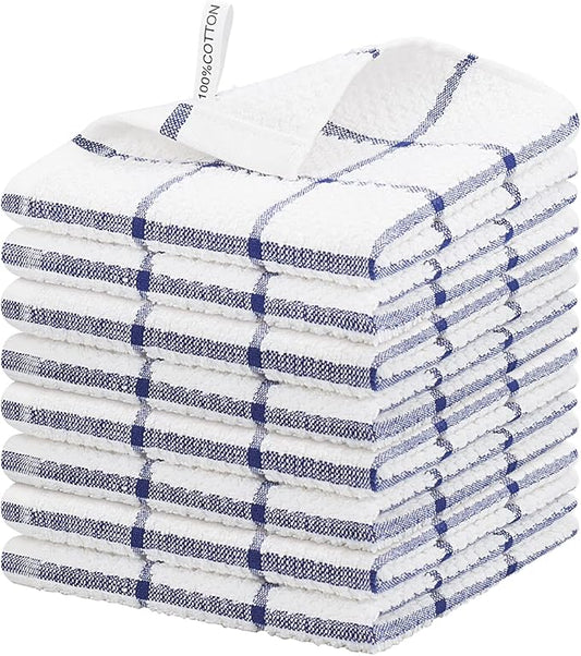 Nialnant Cotton Terry Kitchen Towels,12 x 12 Inches Dish Cloths Set of 8,Super Soft and Absorbent Dish Rags for Cleaning - Navy Blue Plaid