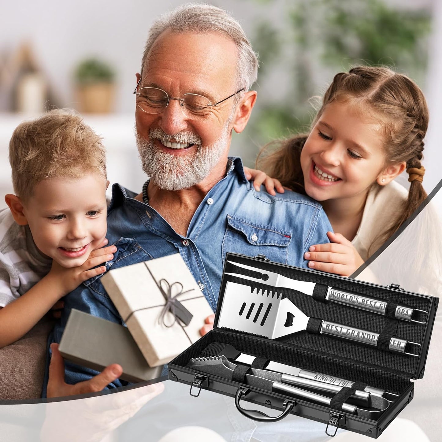 Grandpa Gifts from Grandkids, Grilling Accessories, Heavy Duty Stainless Steel BBQ Grill Tools for Outdoor Grill with Aluminum Case, Grandpa Grill Utensils Ideal Christmas Grilling Gift (Black)