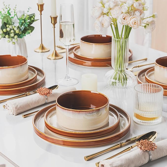 LeRatio Ceramic Dinnerware Sets for 4,Round Reactive Glaze Ceramic Plates and Bowls Set,Highly Chip and Crack Resistant | Dishwasher & Microwave Safe Dishes Set,Service for 4 (12pc)-Kahki