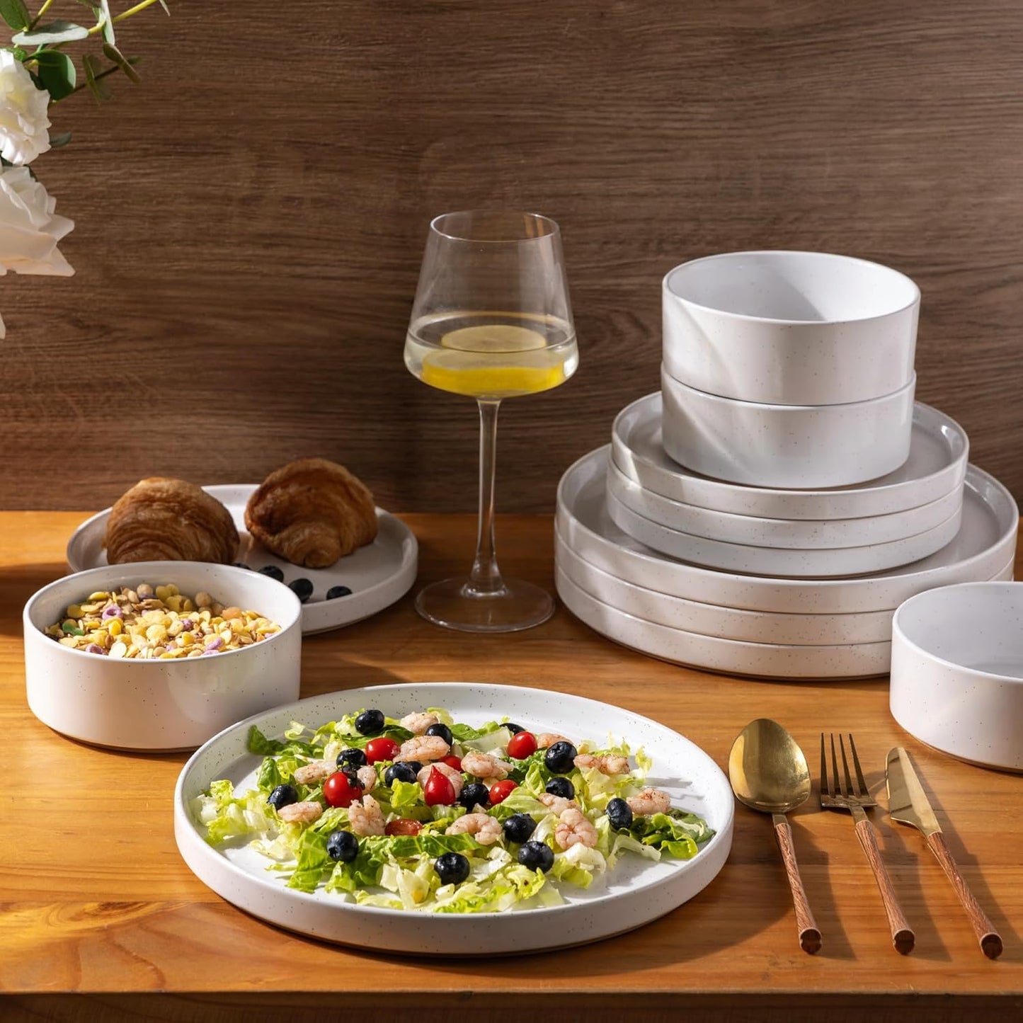 AmorArc Ceramic Dinnerware Set for 4 | Speckled Stoneware Plates and Bowls with unglazed terracotta | Scratch Resistant, Dishwasher & Microwave Safe Dishes Sets- 12-Pcs Milk White