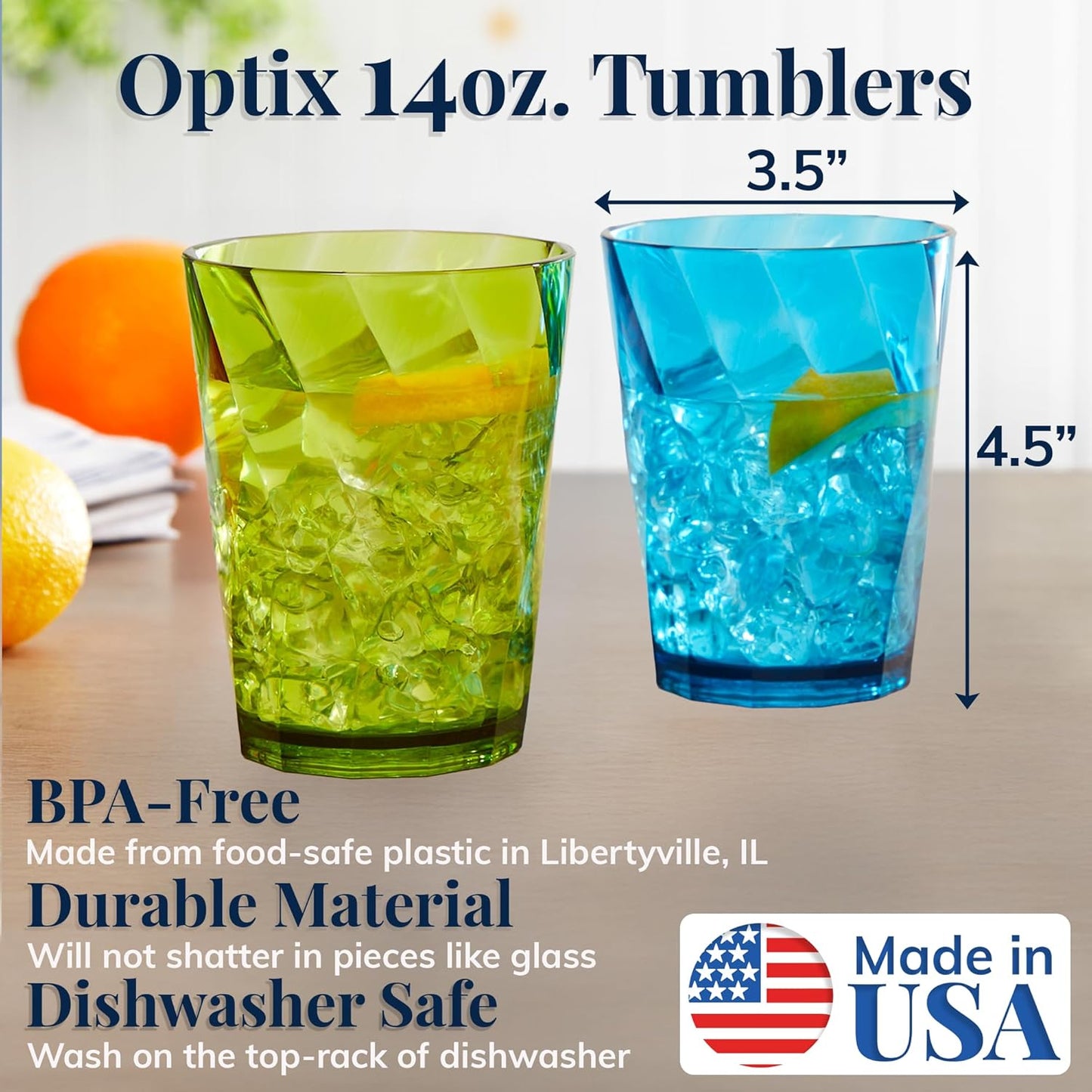 US Acrylic Optix Plastic Reusable Drinking Glasses (Set of 8) 14oz Rocks Cups in Jewel Tone Colors | BPA-Free Tumblers, Made in USA | Top-Rack Dishwasher Safe