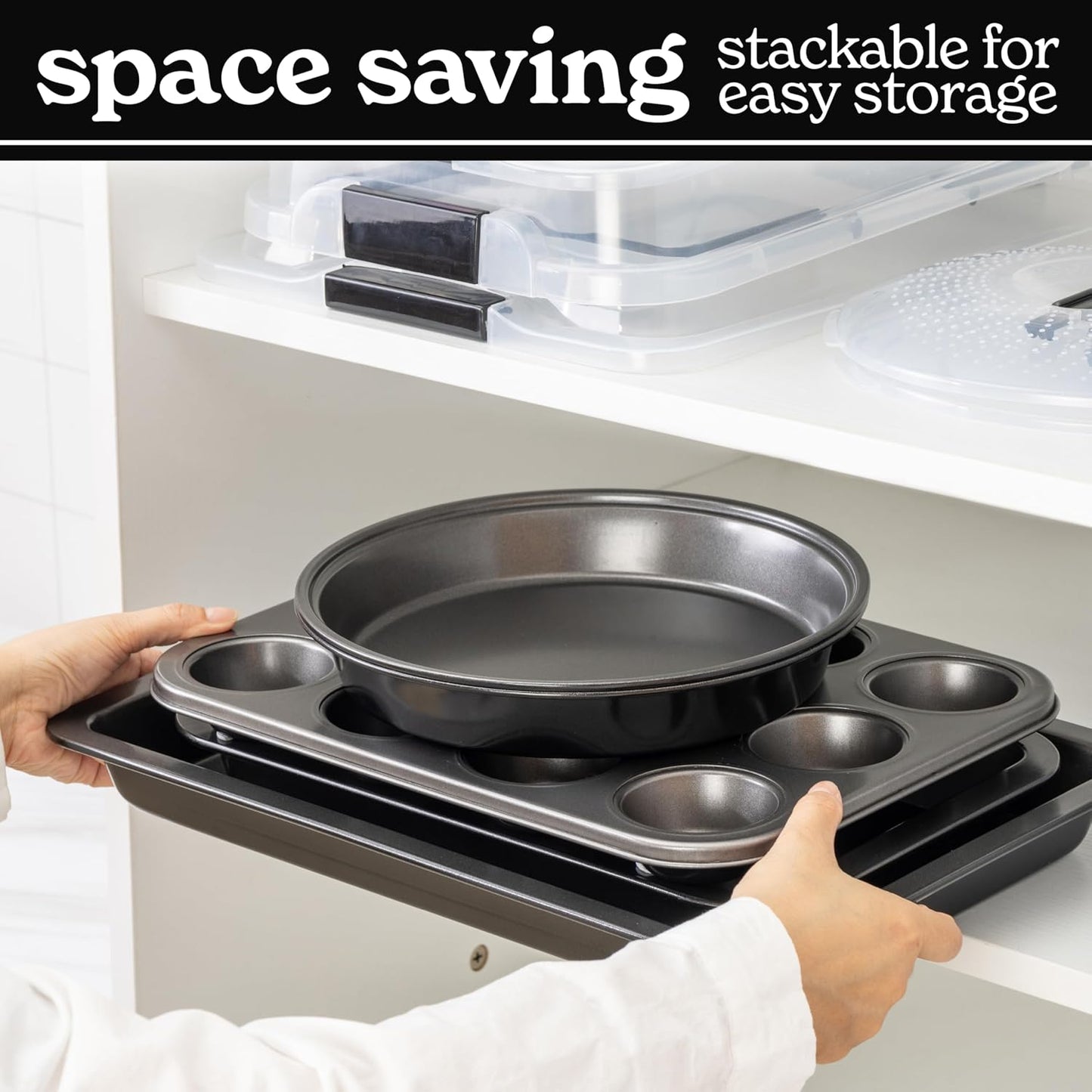 Country Kitchen Baking Pans Set - 10 Piece Non-Stick Cake Pans with Carry Lids for Easy Storage & Travel, Perfect for Parties - Stackable, Black