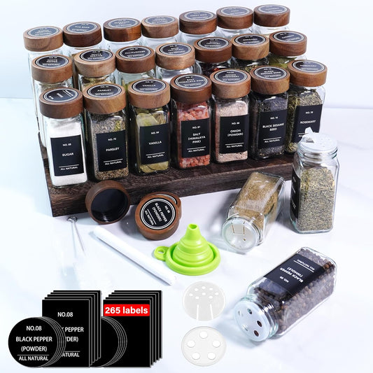 Spice Jars with Labels 24 Pack 4 oz Glass Spice Containers with Wooden Lids, Empty Seasoning Jars Set with Funnel, Brush & Marker, Square Glass Jars for Kitchen Pantry Organization & Storage