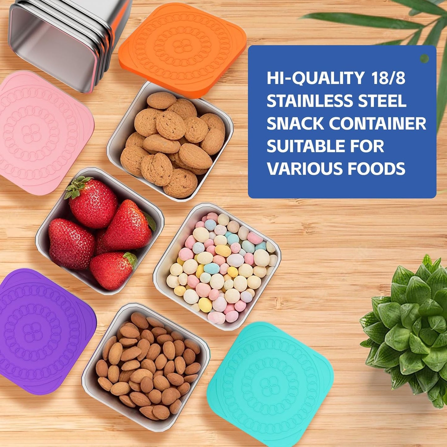 Set of 4 Stainless Steel Snack Containers for Kids and Toddler;Snackle Box Container;Leak Proof Stackable Small Metal Food Containers with Silicone Lids