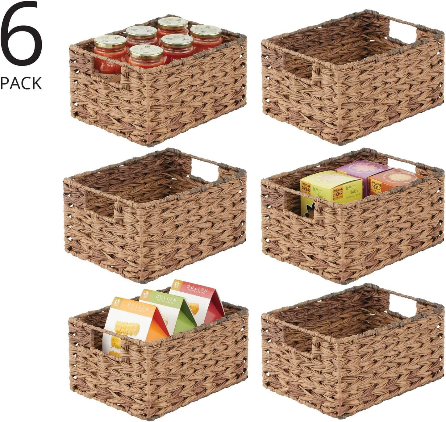 mDesign Woven Farmhouse Kitchen Pantry Food Storage Organizer Basket Bin Box - Container Organization for Cabinets, Cupboards, Shelves, Countertops - Store Potatoes, Onions, Fruit, 6 Pack, Brown Ombre