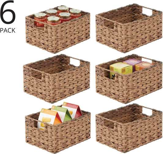 mDesign Woven Farmhouse Kitchen Pantry Food Storage Organizer Basket Bin Box - Container Organization for Cabinets, Cupboards, Shelves, Countertops - Store Potatoes, Onions, Fruit, 6 Pack, Brown Ombre