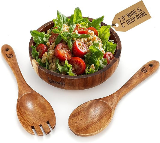 Boxiki Kitchen Acacia Wood Salad Bowl Set of 3 (7.5-Inch) – Wooden Salad Serving Bowl with Spoon & Slotted Spatula, Durable Acacia Mixing Bowl for Salad, Pasta & Fruit