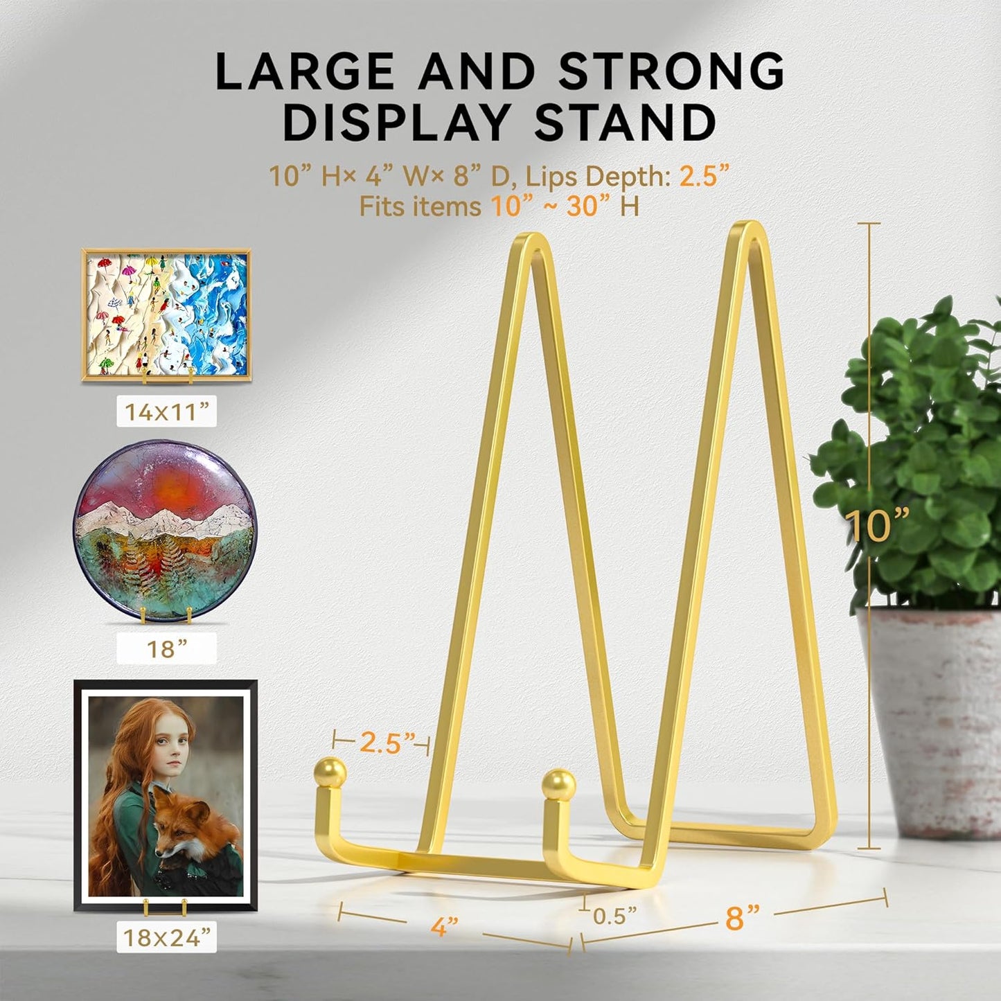 10 Inch Large Plate Stands for Display - Metal Plate Holder Display Stand + Picture Stand for Book, Platter, Plaque, Photo Frame, Small Easels for Tabletop Art(Gold 2 Pack)