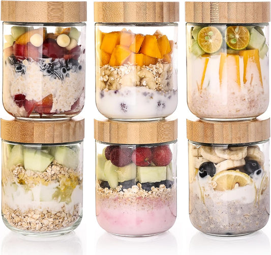 6-Pack Overnight Oats Containers with Bamboo Airtight Lids, 16oz Wide Mouth Mason Salad jars, Glass Food Storage Containers for Snacks Sugar Spice Yogurt
