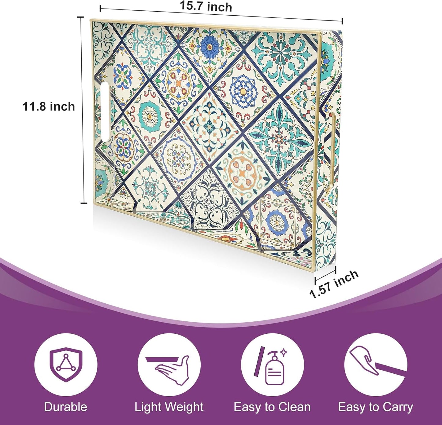 Gifturbo Serving Tray with Handles, Plastic Decorative Rectangular Tray for Coffee Table, Living Room, Home Decor, Outdoor Trays,Serving Breakfast Kitchen Platter,Boho