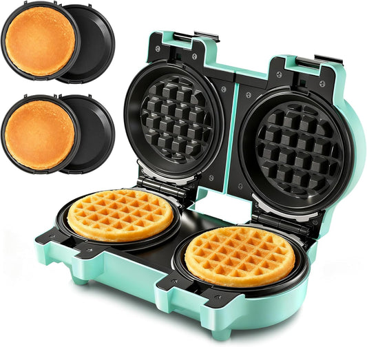 2-in-1 Double Waffle & Pancake Maker - CACHOO Mini 4" Nonstick Waffle Iron & Small Round Griddle with 4 Removable Plate Sets, Dishwasher Safe, Perfect for Small Spaces, Apartments & Dorms, Aqua