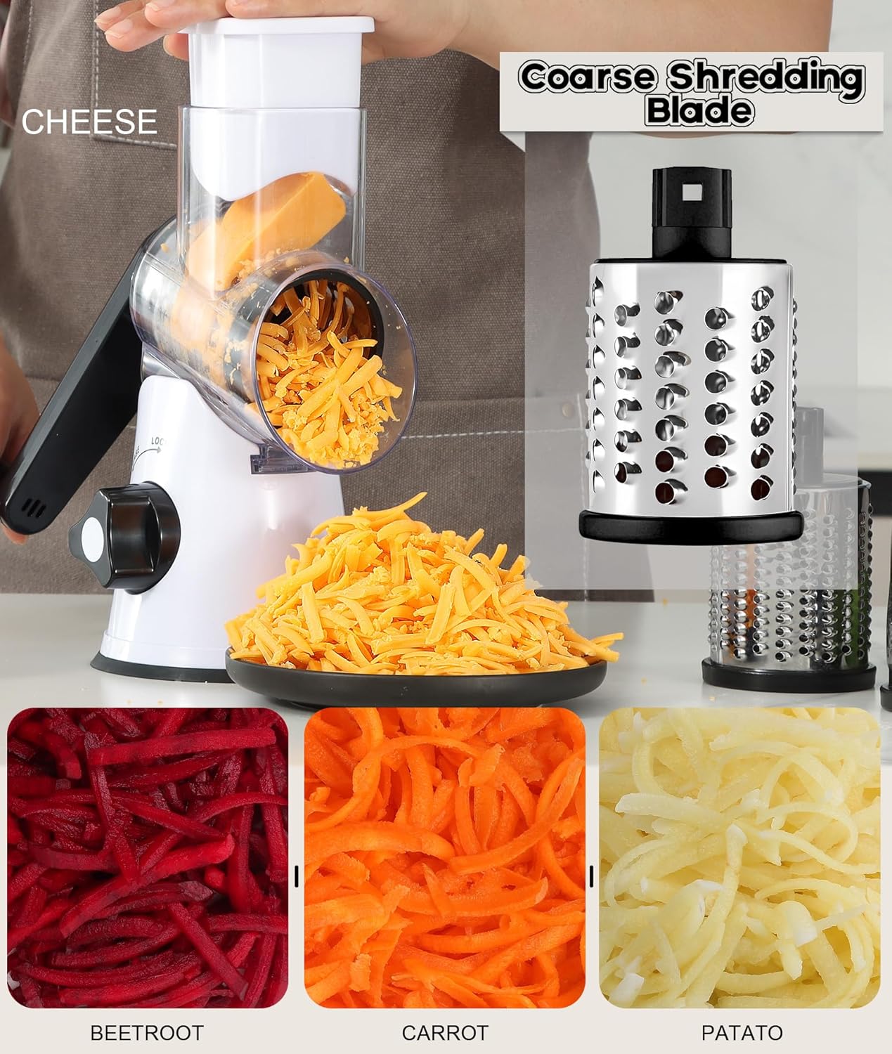 Ourokhome Rotary Cheese Grater Hand Crank, Kitchen Shredder Speed Mandolin Slicer Nuts Grinder with Handle and Drum Blades for Cheese, Vegetable, Walnuts, Chocolate, Potato, 3 Blades, White Black